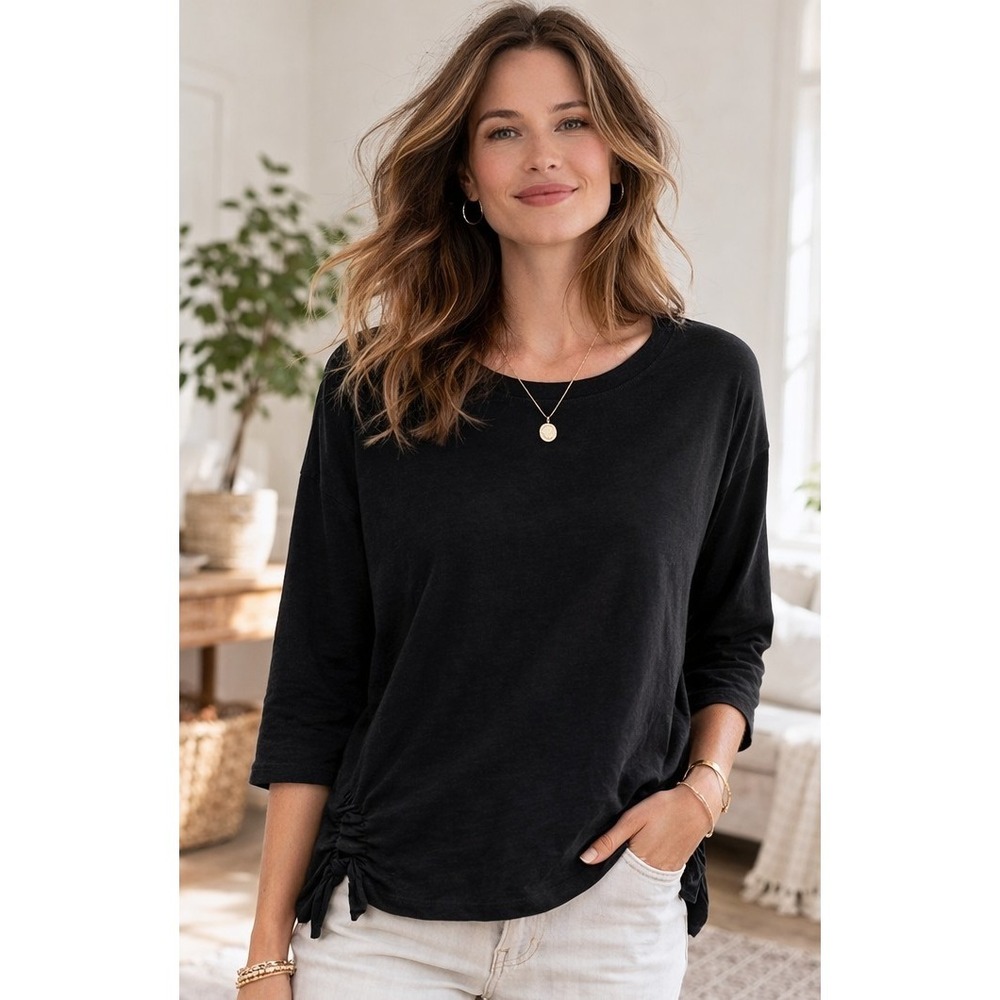 Garnet Hill Women's Black Organic Cotton Tencel Ruched Side Top- Small